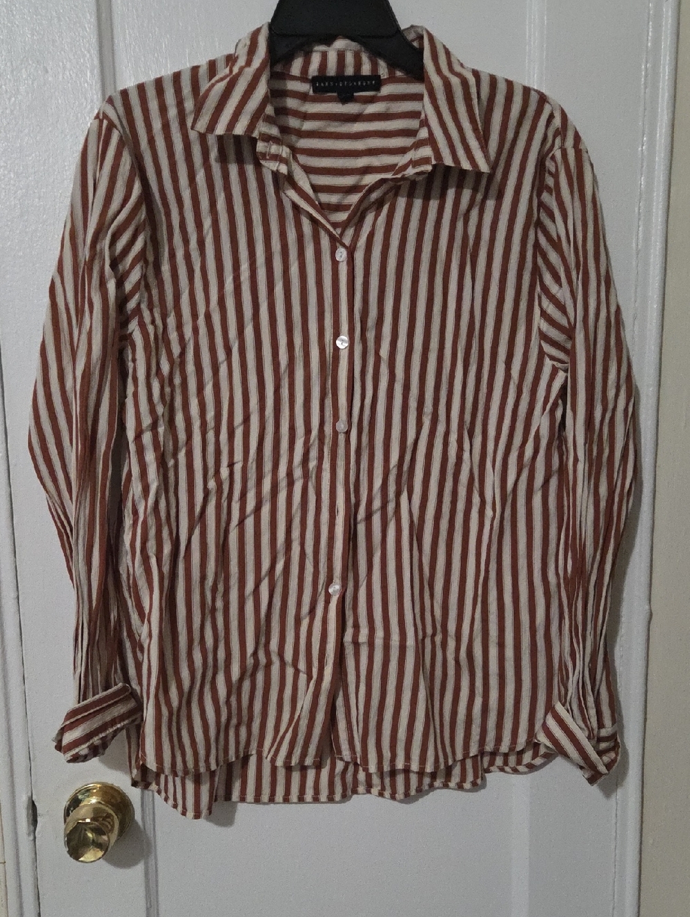 Jane And Delancey Vertical Stripe Button-Up Shirt - Rust & Cream Large